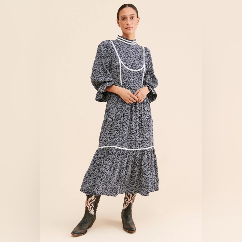 Long Sleeve Navy Floral Midi Dress with Contrast Trim